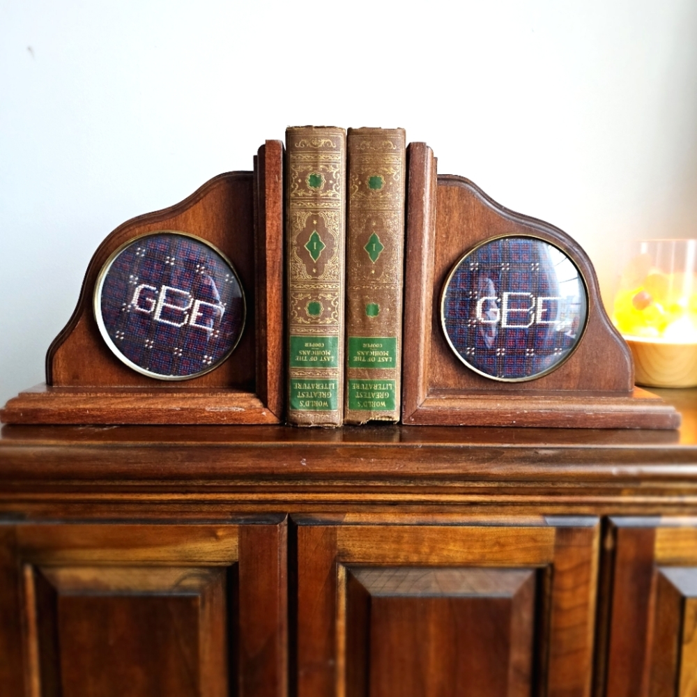 Antique Pair of Wood Bookends With Handmade Sewn Insert In The Middle.